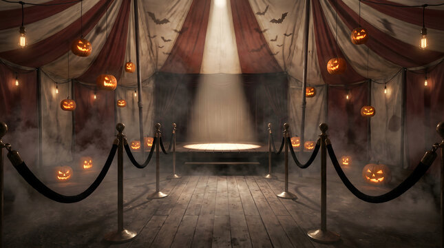 Empty Halloween Sideshow Tent Stage for Spooky Events. Haunted carnival attraction with dim lighting and eerie ambiance.