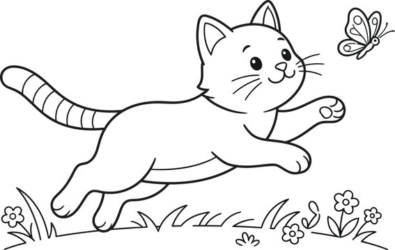 A delightful black and white coloring page illustration featuring an adorable little kitten playfully leaping through a meadow to chase a beautiful winged butterfly