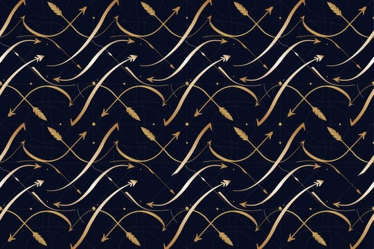 Seamless pattern featuring golden arrows and curved lines on a dark blue background, repeating for textiles