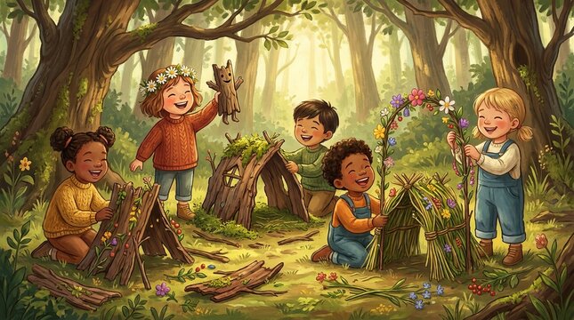 Happy children playing together in a forest building huts and enjoying nature