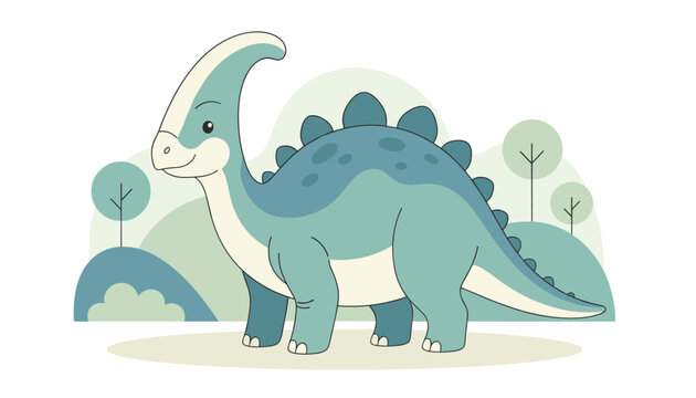 Cute blue parasaurolophus dinosaur walking through a peaceful woodland park landscape with green trees and hills.