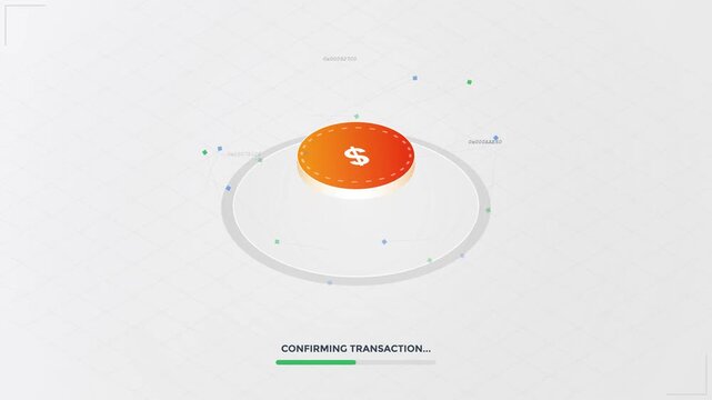 3D Digital Payment Process Illustration with Dollar Coin and Confirming Transaction Progress Bar on Minimal Background