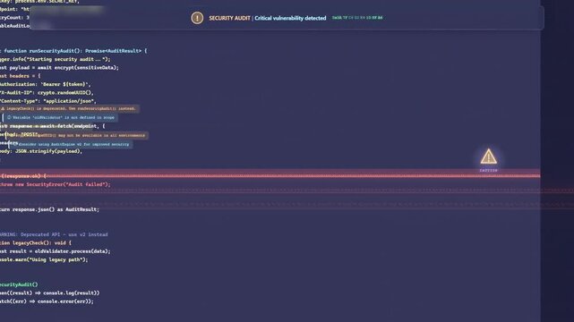 Close up of computer screen showing complex software code and security alert notifications in dark mode