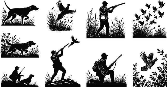 Collection of black bird hunting silhouettes featuring pointing dogs hunters with shotguns and game birds flushing