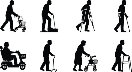 Collection of black mobility aid silhouettes featuring seniors using walkers crutches canes and scooters © MstRupali