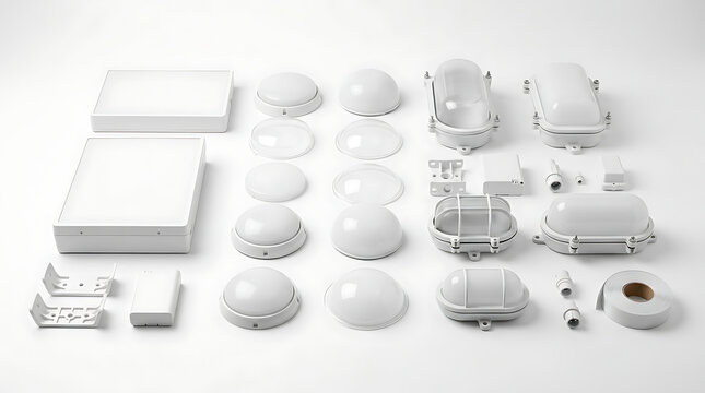 Modern Minimalist Lighting Product Components Arranged in a Clean Studio Setting Demonstrating Modular Design Principles for Energy Efficient Illumination Solutions