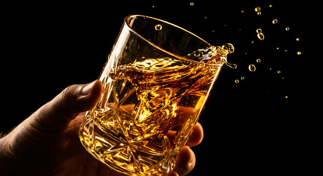 Abstract art shot of whiskey being swirled in a glass, silky amber liquid forming ele