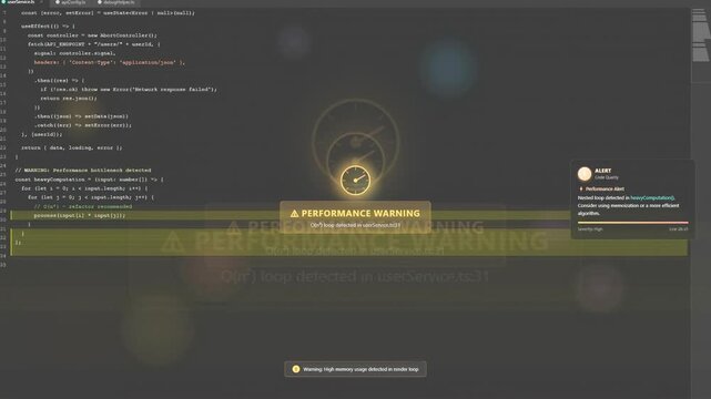 Computer screen displaying software code with a yellow performance warning alert and error message