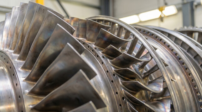 Detailed Shot of Silver Turbine Engine Blades in Workshop Setting