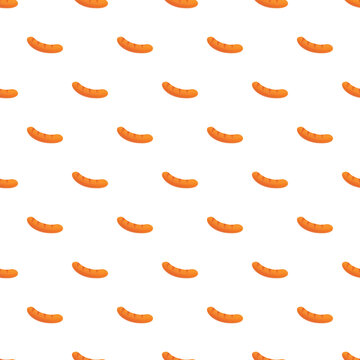 Cartoon grilled sausages forming a repeating food pattern on a white background