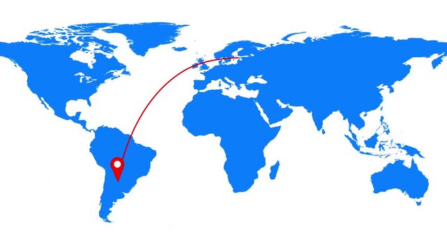 Blue world map silhouettes structure international geography over white screens. Travel booking agency marketing videos look crisp using this minimal world map layout. Map shapes loop cleanly.