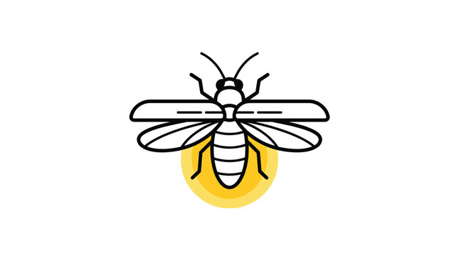 Minimalist vector illustration of a glowing firefly featuring clean black lines and a yellow circle