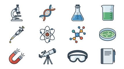 Science Icons: DNA, Microscope, Flask, Atom, Telescope, Magnet, Lab Equipment © Parman