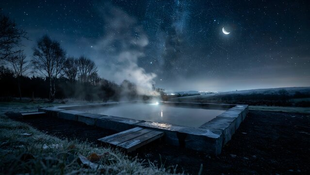 Serene Hot Spring Pool under a Starry Night Sky with Moonlit Mountains