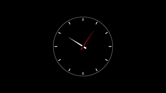 Minimalist white clock dials sweep red indicators across a black canvas. Corporate worker productivity tracking tutorials look sharp using this clean clock graphic overlay. Clock timers turn.