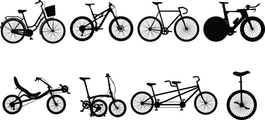 Set of black bicycle silhouettes featuring various types of cycles and transportation designs for graphic projects © MstRupali