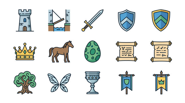 Fantasy Icons Set: Castle, Sword, Shield, Crown, Horse, Egg, Scroll, Tree, Chalice