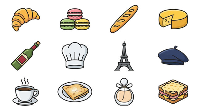 Parisian Icons: Croissant, Macarons, Baguette, Cheese, Wine, Eiffel Tower, Beret