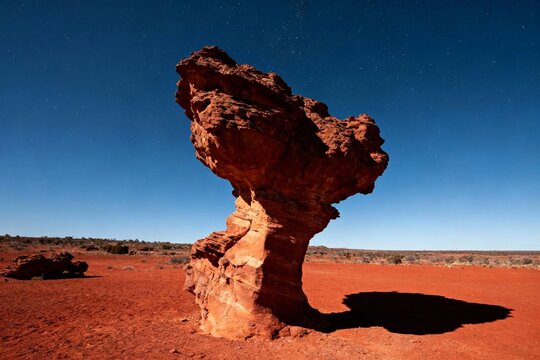A striking red rock formation resembling a mushroom stands alone in a vast desert under a clear blue sky.