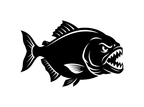 Angry Predator Piranha Fish Illustration with Sharp Teeth in Black and White Vector Style for Mascot Logo Design