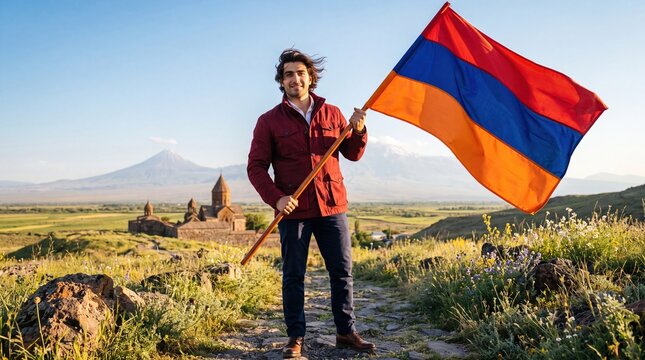 A young man standing on a dirt path in a grassy field, holding a large armenian flag with the khor virap monastery and mount ararat visible in the background, under a clear, blue sky