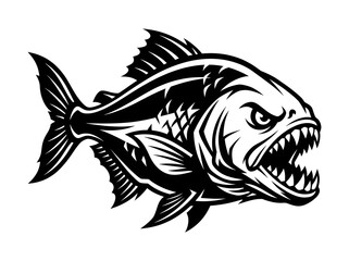Obraz premium Angry piranha fish illustration in black and white vector style, featuring sharp teeth for aggressive sports mascot or wildlife predator graphic