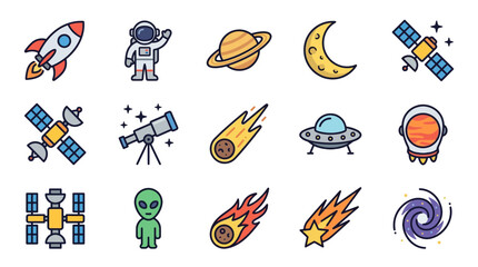 Cosmic Adventure Set: Astronaut, Rocket, Planets, UFO, Alien, Stars, Galaxy © peyek