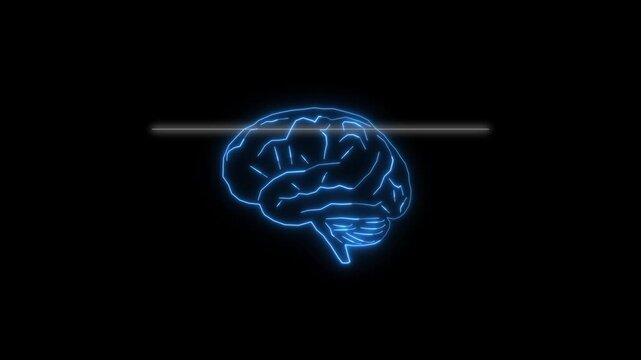 Neon blue human brain outlines illuminate a dark space canvas with light lines. Artificial intelligence development projects look incredibly modern using this brain asset. Brain vectors glow.