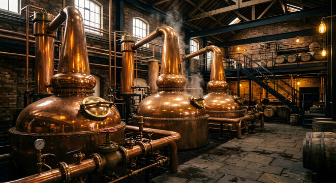 Interior of a whiskey distillery with large gleaming copper pot stills, warm golden l