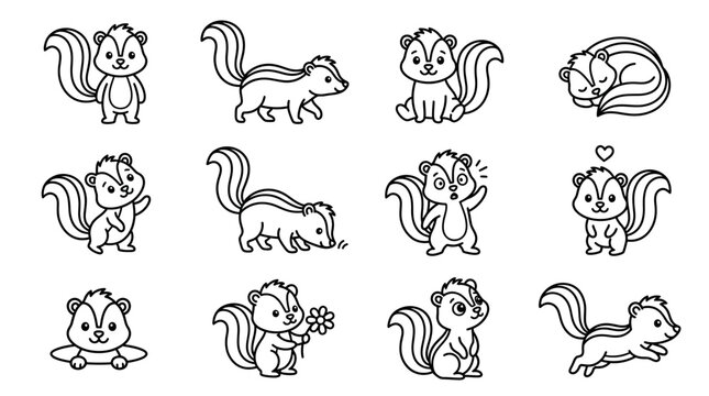 Cute Cartoon Skunk Collection: Diverse Poses and Expressions