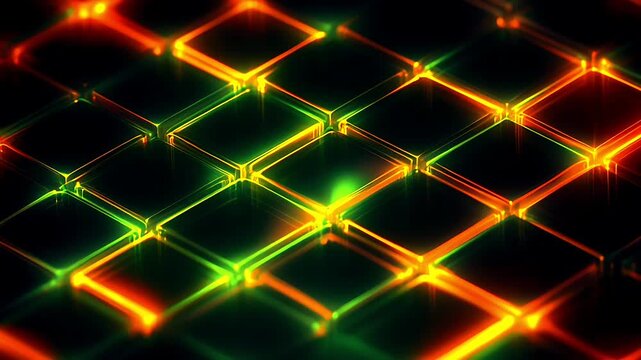 Abstract background featuring a grid of glowing neon squares in red and green colors.