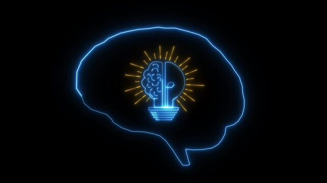 Neon blue brain outlines enclose a glowing internal innovation light bulb icon. Creative engineering firms can illustrate advanced intellectual brain brainstorming ideas. Brain cogs turn crisp.