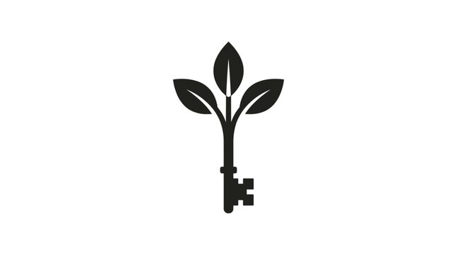 Minimalist black vector graphic showing a stylized iron key merging with three organic green leaves