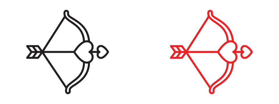 Cupid bow and heart arrow icons for romance and valentines
