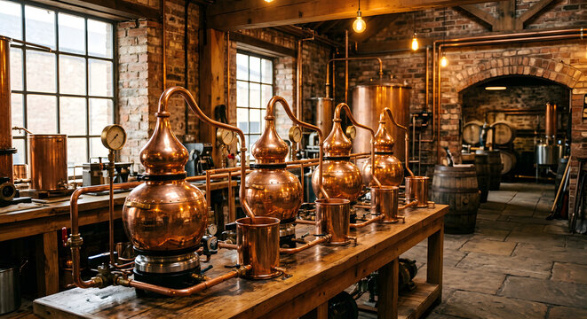 Miniature whiskey distillery copper pot stills, gleaming copper equipment reflecting
