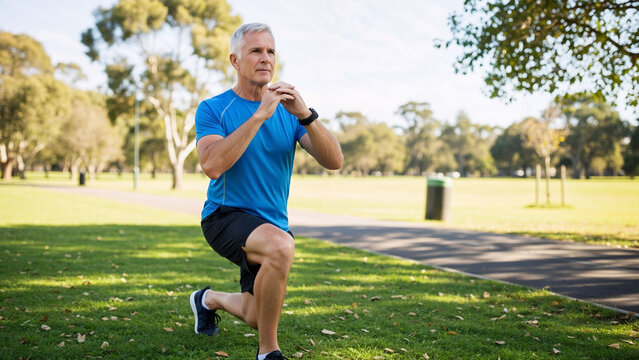 Mature man doing lunge exercise in a park. Fitness routine for senior health and active lifestyle. Outdoor workout training for wellness.