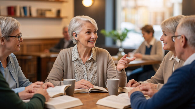 Happy senior woman with a hearing aid engaging in a book club discussion with friends. Active lifestyle and social gathering for elderly and retired people.