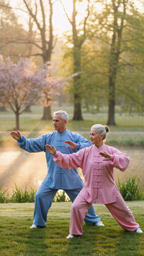 Senior man and woman practicing tai chi in park. Healthy active lifestyle for elderly person. Outdoor exercise for wellness and balance.
