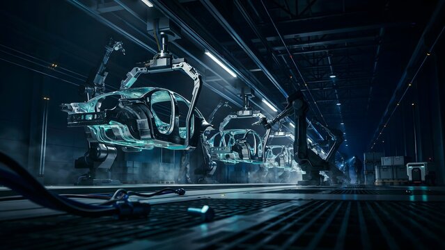 Advanced automotive manufacturing plant with robotic assembly lines and futuristic technology
