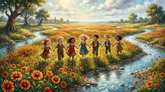 Happy diverse children holding hands and running through a vibrant flower field near a stream