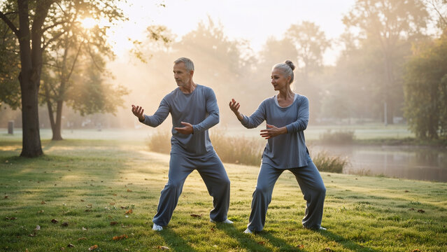 Senior man and woman practicing tai chi outdoors in park. Wellness and healthy lifestyle for older adults. Morning exercise for balance and peace.