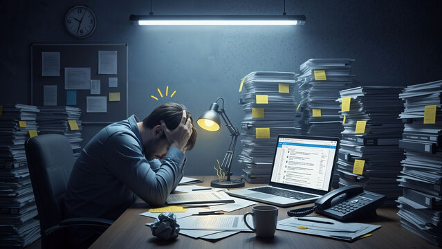Tired man sitting at desk overwhelmed with paper work, holding his head in hands symbolizing stress and burnout from heavy workload and long hours.