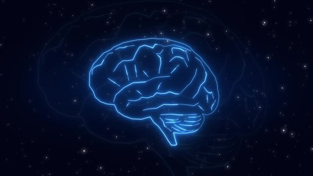 Neon blue human brain outlines float gracefully amidst cosmic galaxy stars. Advanced neurobiology research projects reach unique philosophical brain design layouts. Brain systems glow neon.