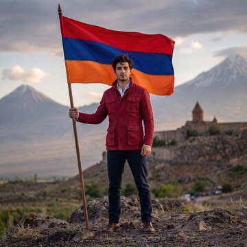 Young man standing on a rocky hill holding a large armenian flag, with the khor virap monastery and mount ararat in the background, under a cloudy, sunset sky
