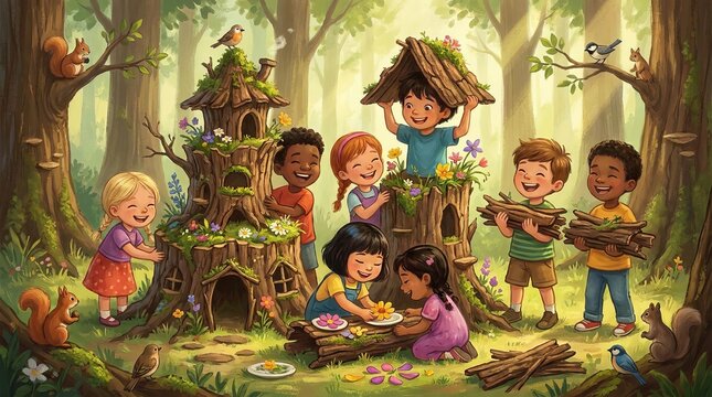 Happy diverse children playing together in a whimsical forest treehouse adventure scene