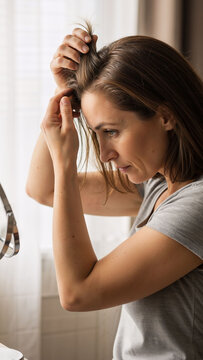 Woman checking her hair in mirror, inspecting scalp for hair loss. Female observing new hair growth. Healthy hair concept.