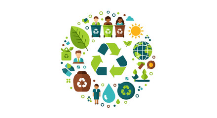 Naklejka premium Sustainability and Recycling Concept Flat Vector Illustration with Icons of Green Energy, Waste Management, Ecology, and Social Responsibility on White Background
