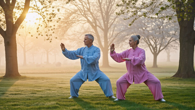 Man and woman doing tai chi in park during foggy morning. Senior couple practicing qigong for health, outdoor exercise, and wellness concept.