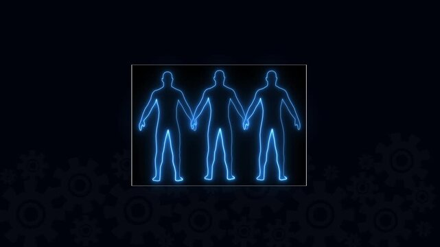 Three blue neon human silhouettes stand together holding hands on a screen. Human resources corporate alignment initiatives gain a clear human community support icon. Human shapes glow clear.