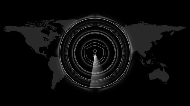 Global security concept videos map out firewalls using digital shield radars. Enterprise cybersecurity firms can illustrate worldwide defense nets via this security tool. Security zones sweep.